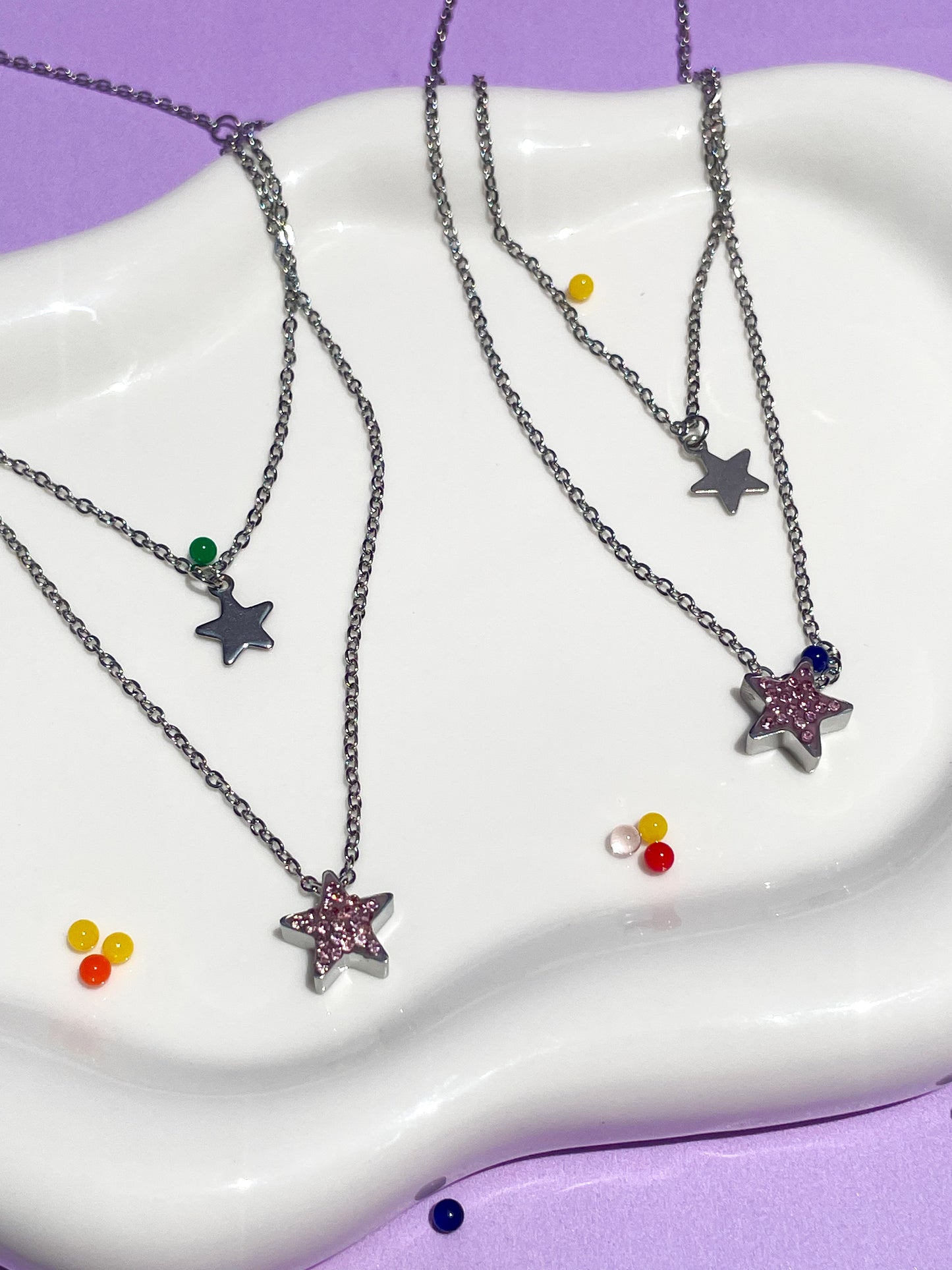 Collar plateado cadena doble estrella rosa brillantes