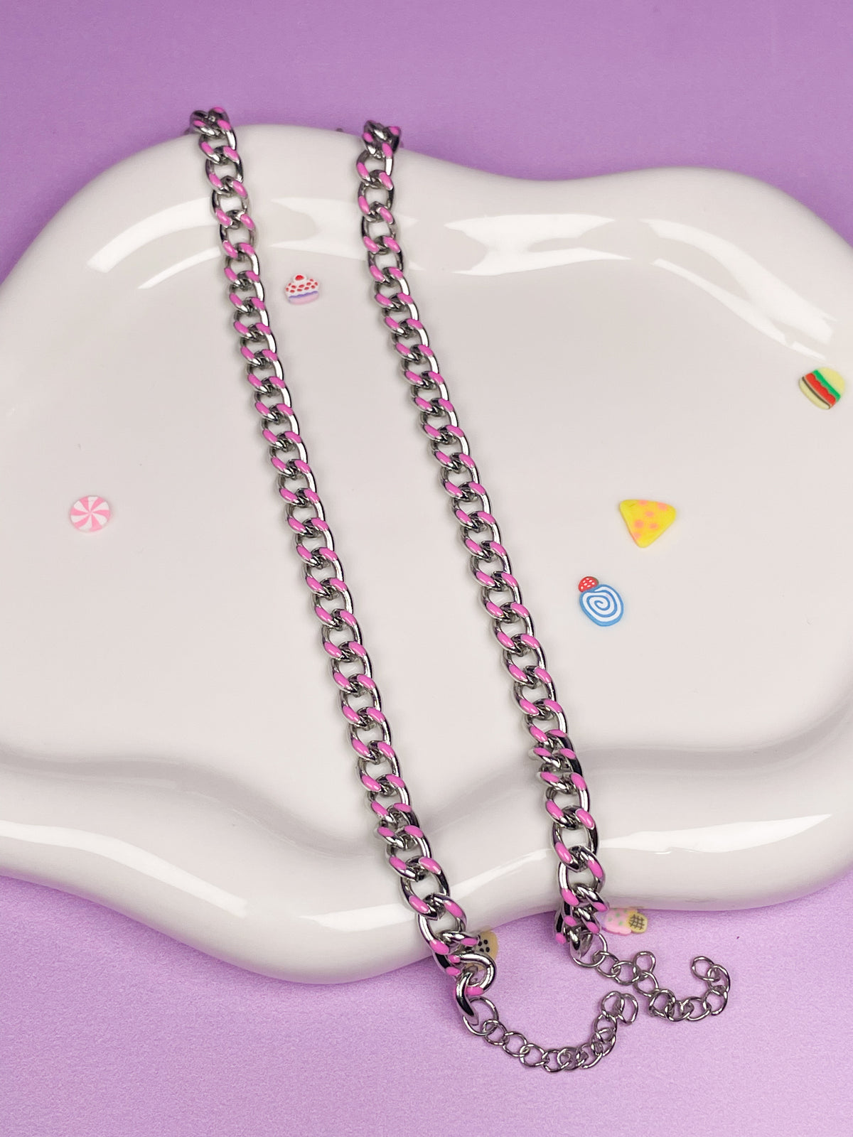 Pulsera plata cadena con esmalte rosa