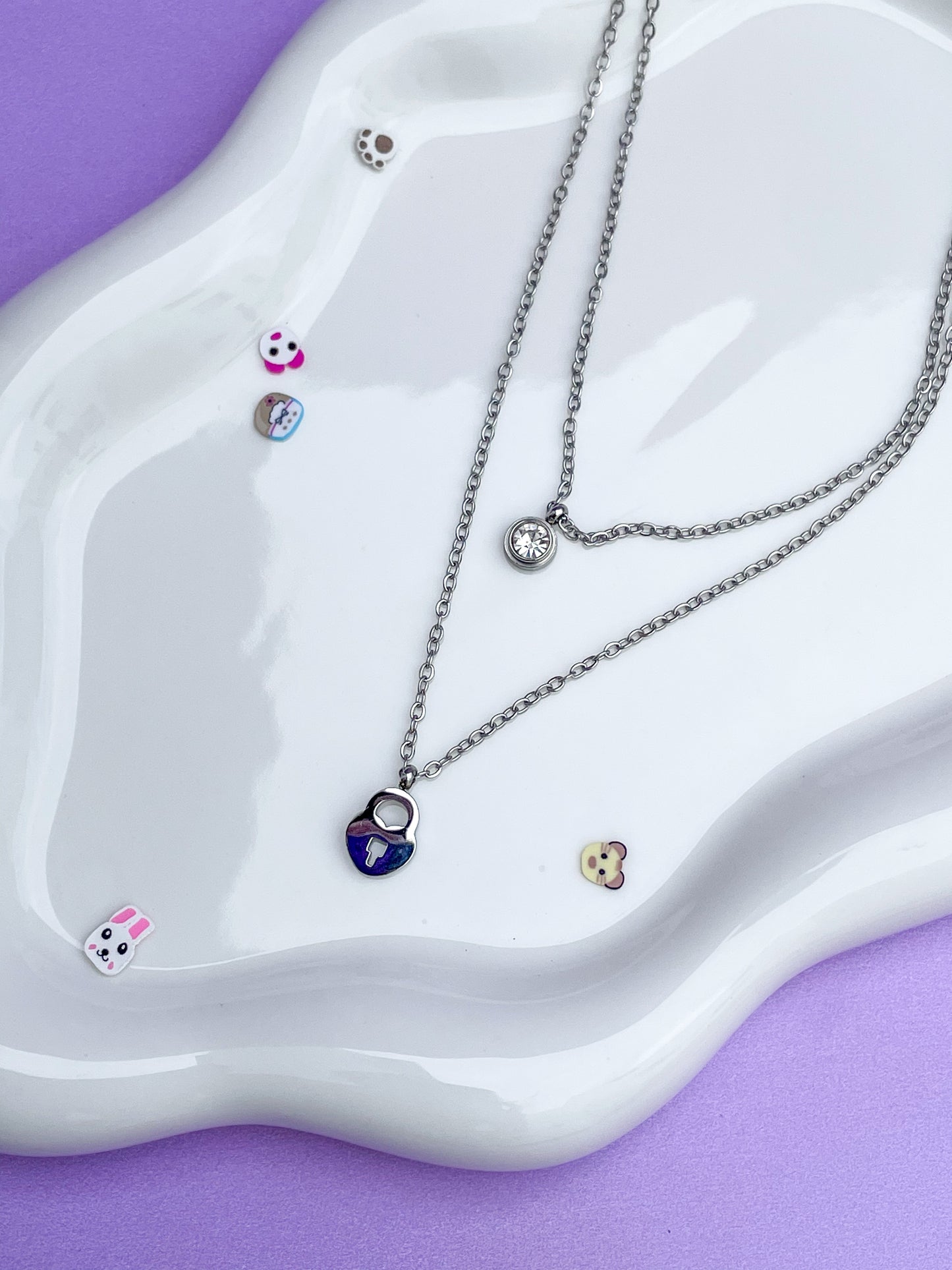 Collar cadena doble plateado candado con brillante
