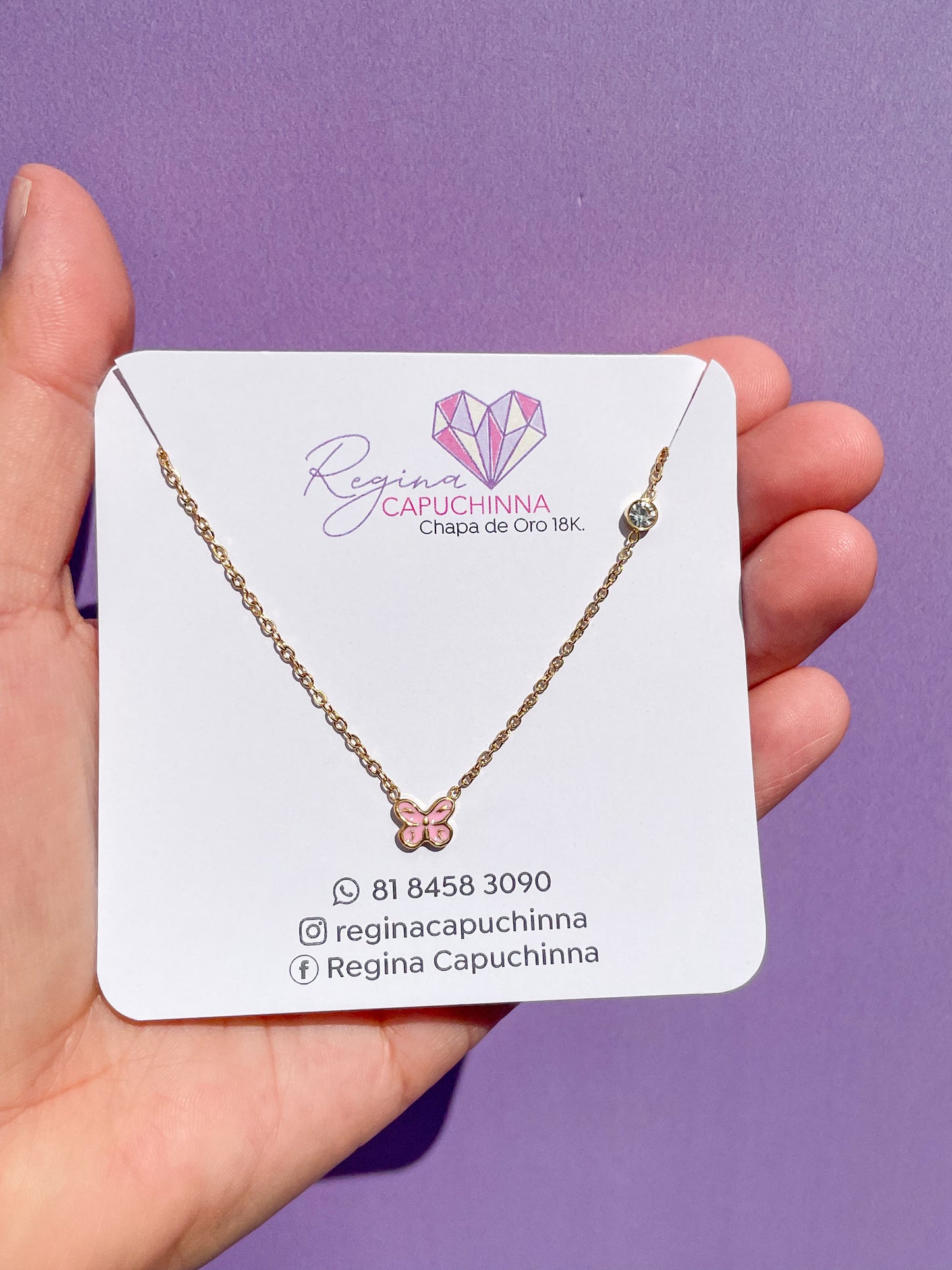 Collar mariposa rosa mini con brillante