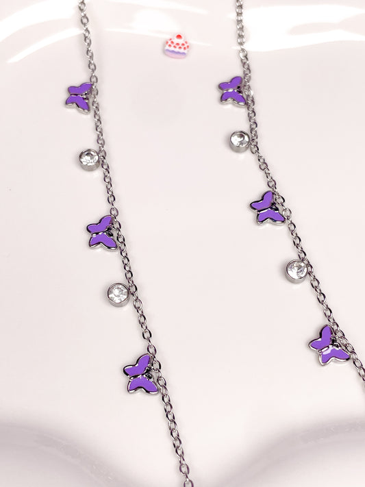 Pulsera plateada mariposas moradas con brillantina
