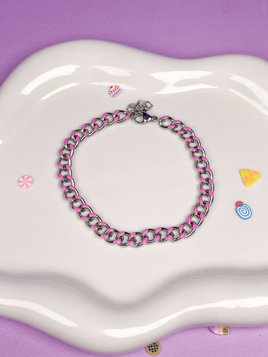 Pulsera plata cadena con esmalte rosa