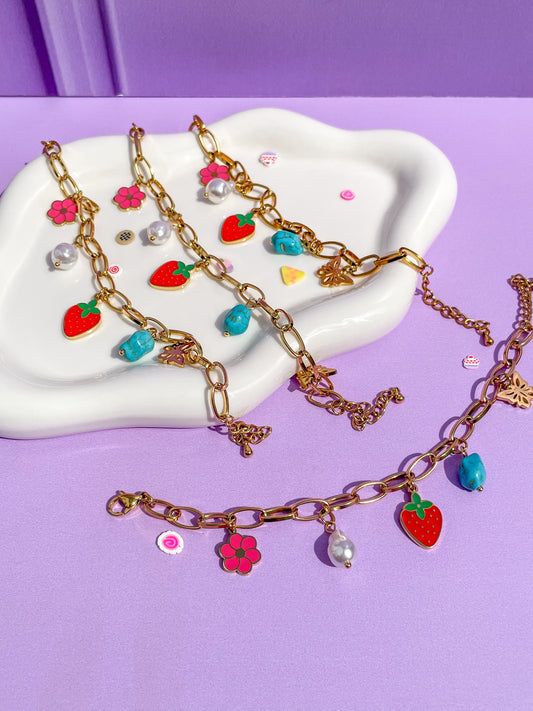 Pulsera charms fresa, flor