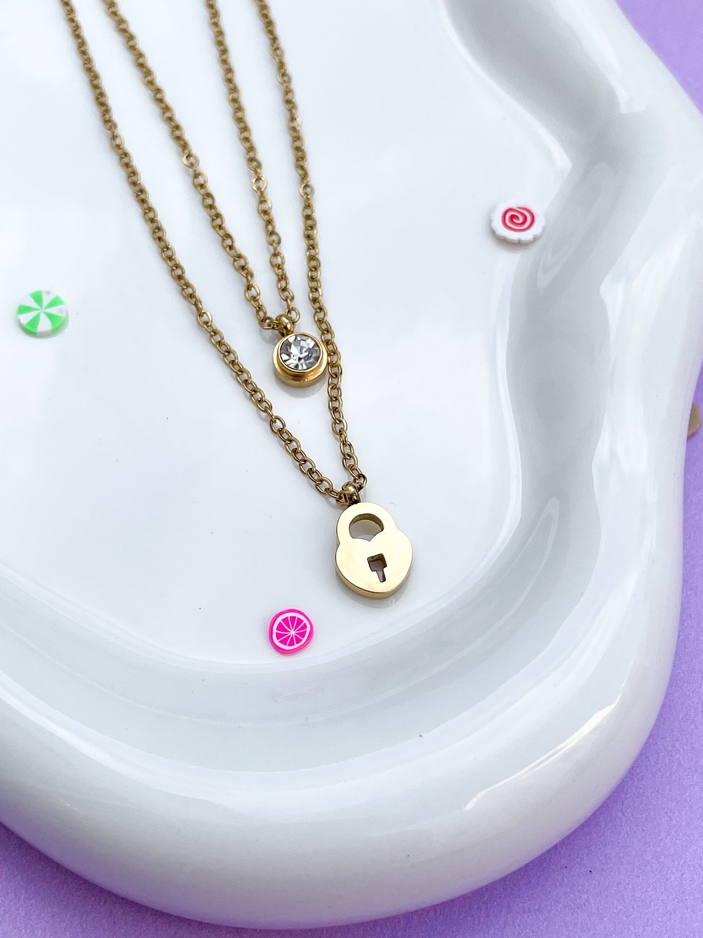 Collar cadena doble dorada candado con brillante