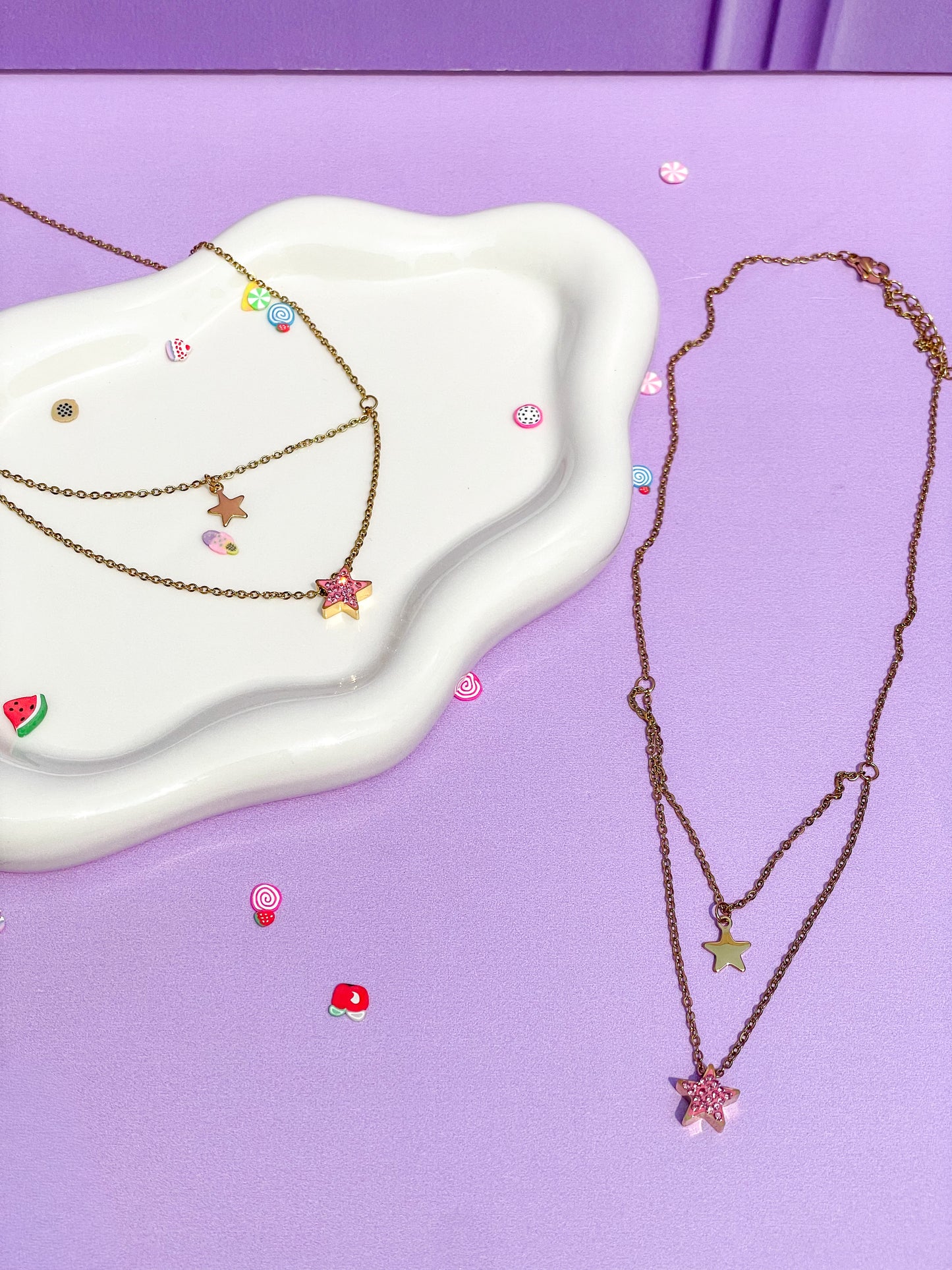 Collar doble estrella rosa brillante