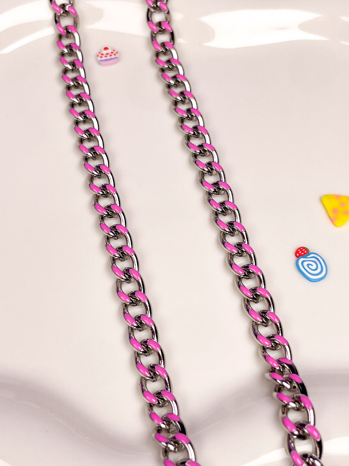 Pulsera plata cadena con esmalte rosa