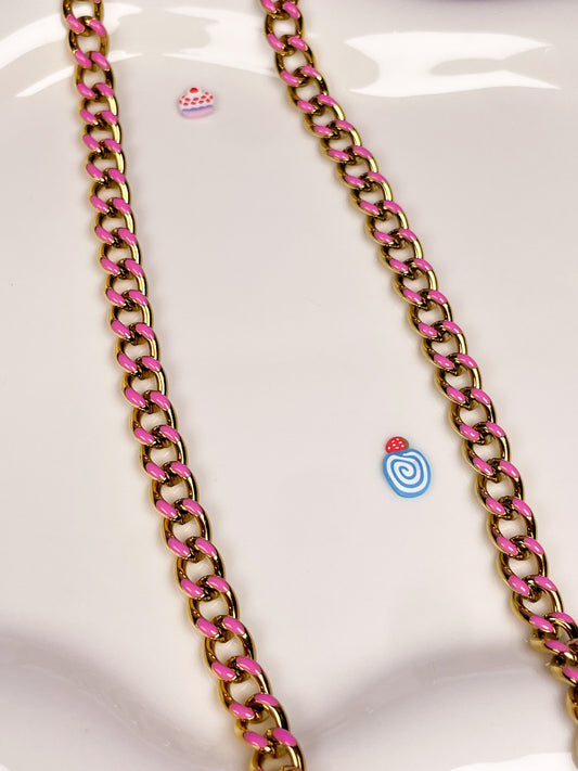 Pulsera dorada cadena esmalte rosa