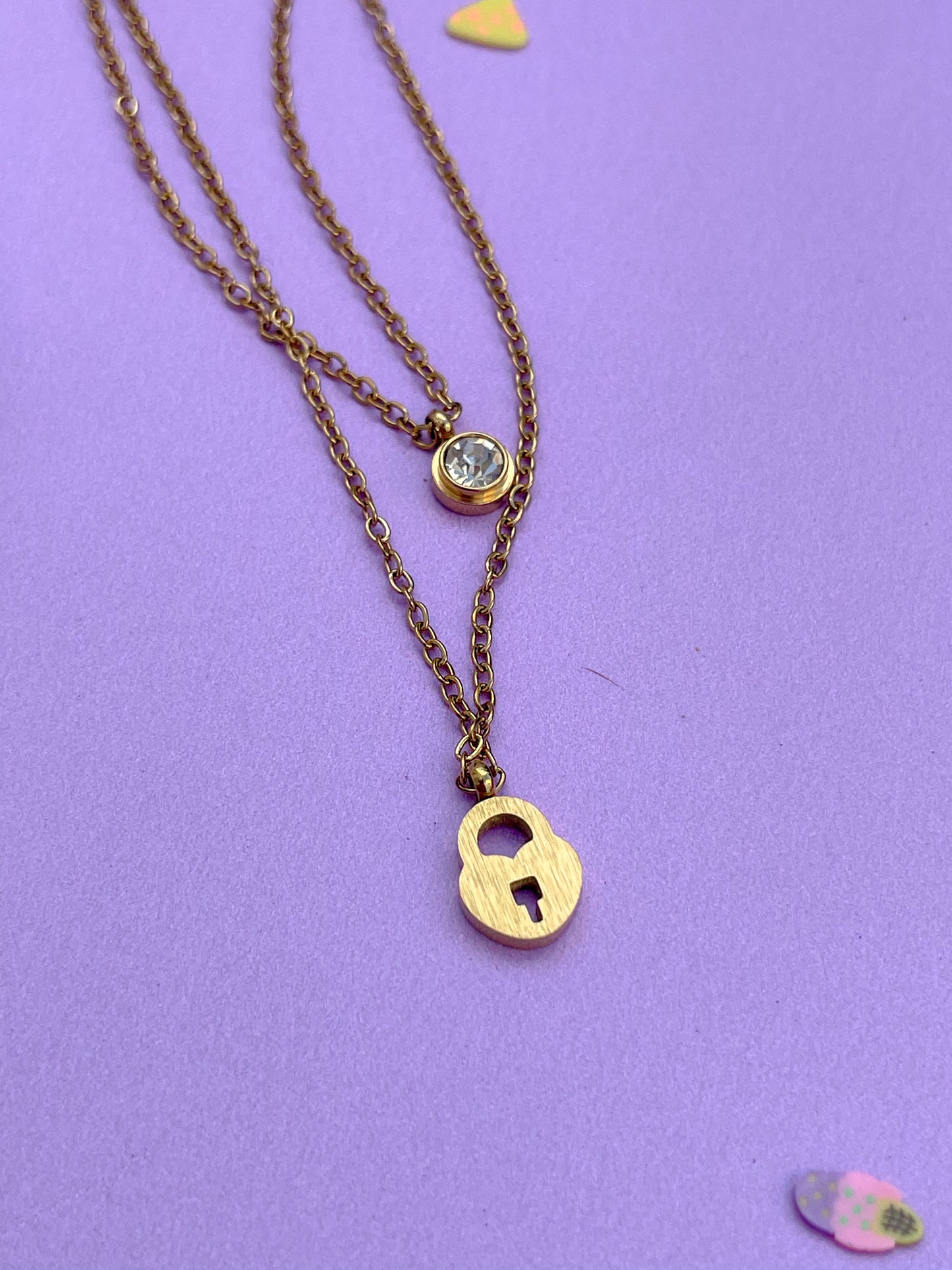Collar cadena doble dorada candado con brillante