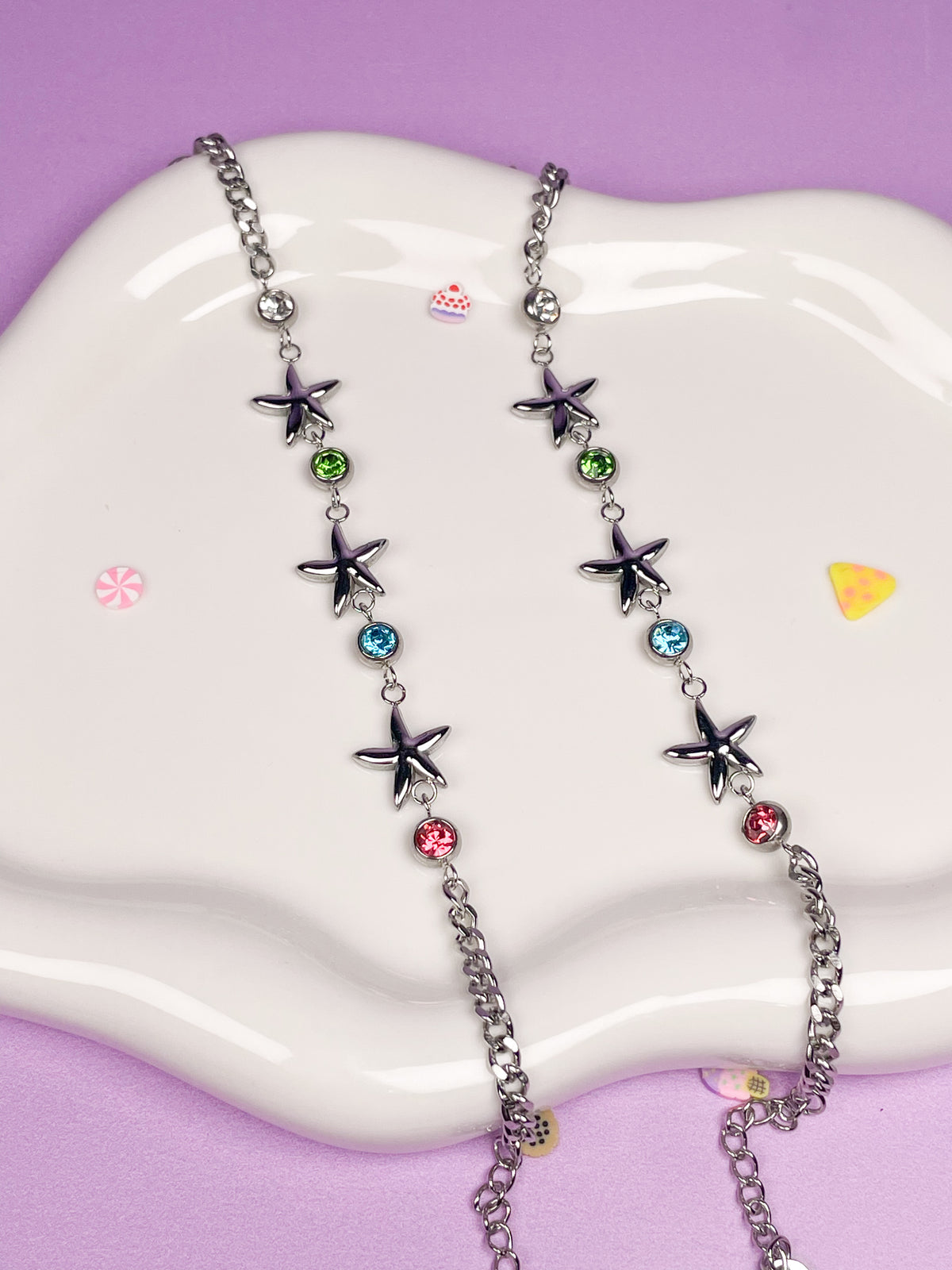 Pulsera plateada estrellas de mar con brillantina