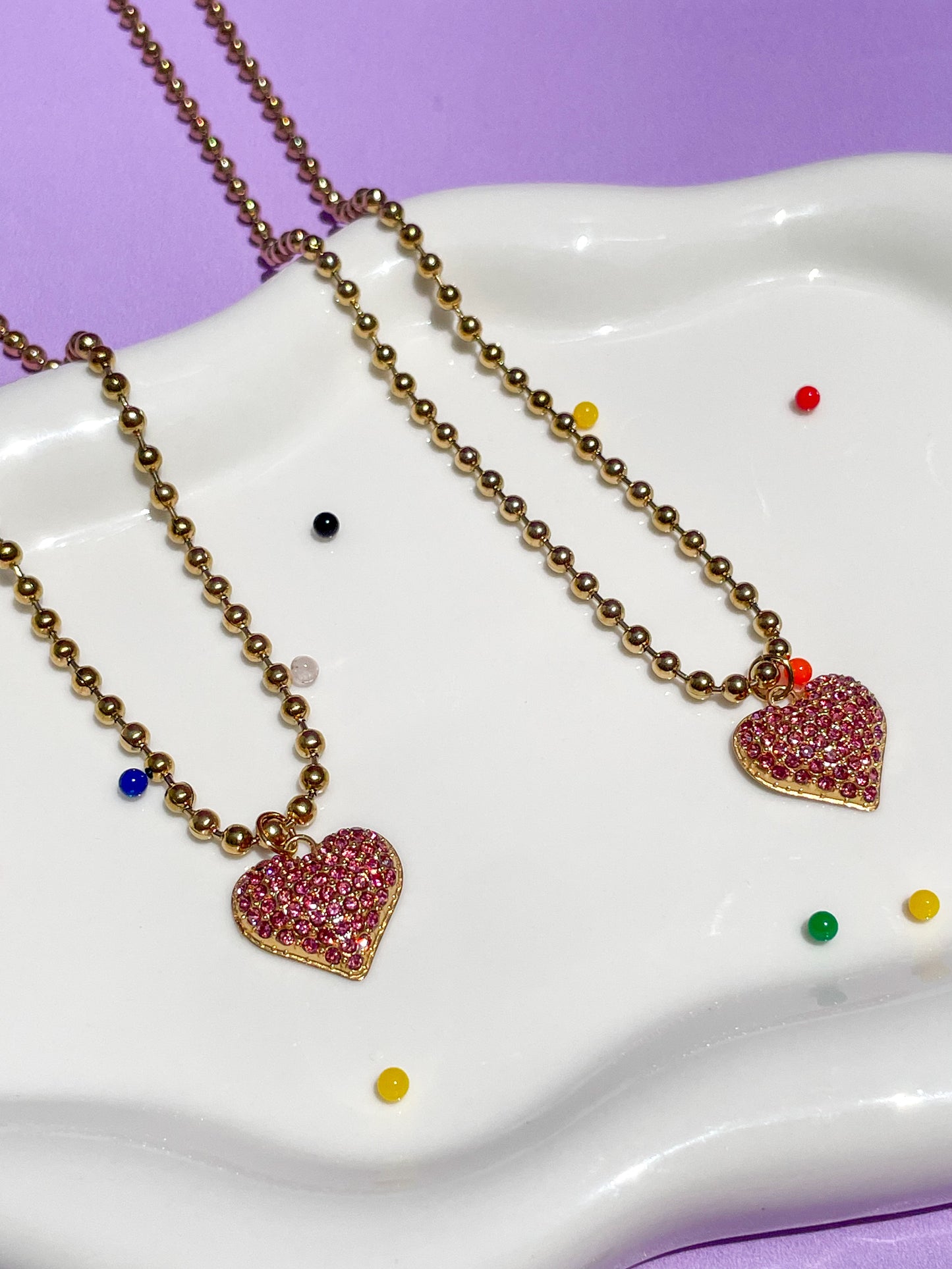 Collar cadena bolitas corazón rosa brillantes